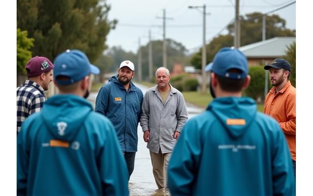 Community members receiving aid after a flood in Queensland.