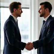 A business owner shaking hands with an insurance broker in a commercial office, representing business insurance.