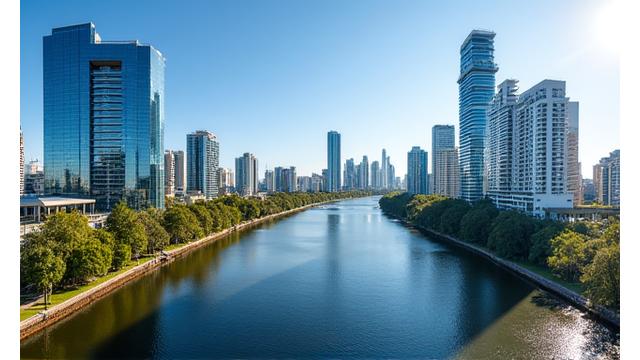 Scenic view of Brisbane river and city skyline, with sunlit modern offices and blue skies, representing SecureShield Insurance's Brisbane office.