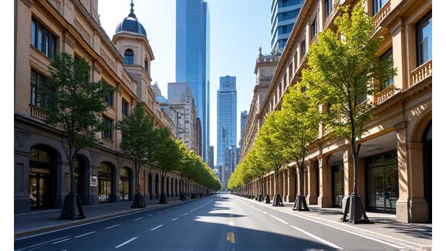 Historic and modern buildings juxtaposed in Melbourne's financial district, representing SecureShield Insurance's presence.