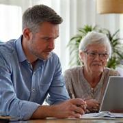A financial advisor explaining retirement planning to a senior couple, representing pension planning.