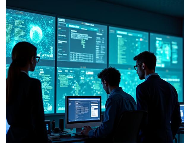 Cyber security specialists working in a modern control room with glowing screens.