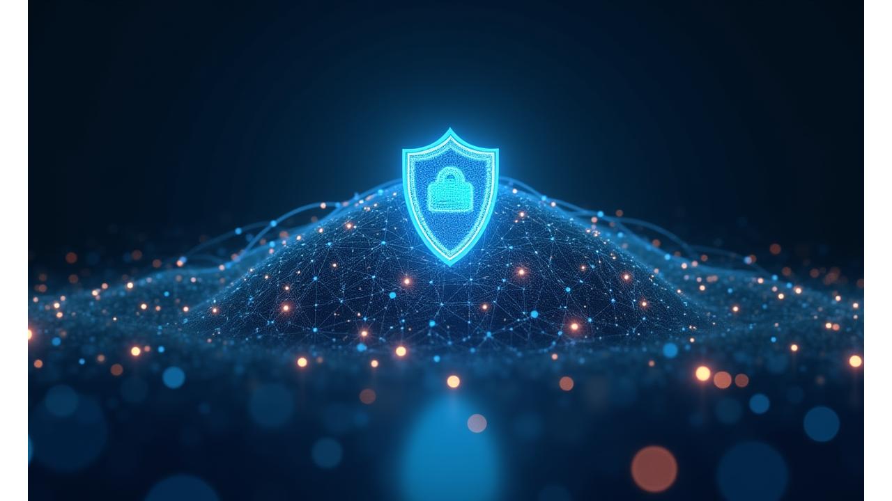 Digital network lines and glowing secure shield protecting a smart home silhouette.
