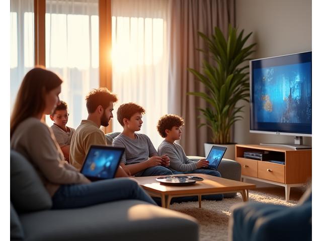 Australian family using various digital devices in a comfortable home setting.
