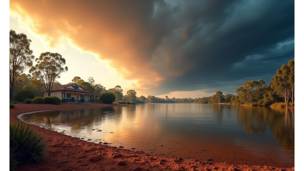 Australian landscape experiencing simultaneous extreme weather events: a bushfire in the foreground, a flood in the mid-ground, and a cyclone gathering strength in the distant sky.