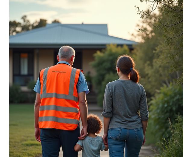 An emergency response team member in high-visibility gear assisting a family near a temporarily secured home after a storm, emphasizing quick action and care.