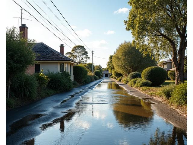 A suburban street with clear water receding after a flood event, showcasing a home with minimal damage thanks to flood mitigation.