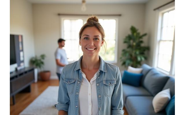 A homeowner inspecting the clean, dry interior of their living room after a flood, with restoration crew visibly working in the background, signifying successful recovery.