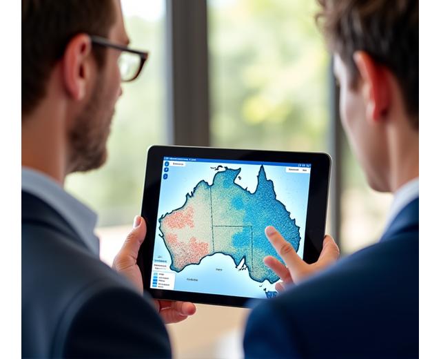 A tablet displaying a detailed digital map of an Australian property, overlaid with weather patterns and risk zones, with a consultant pointing to a specific area on the screen and discussing it with a homeowner.