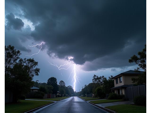 A large, dark storm cloud looms over a suburban street, with visible hail falling and strong winds bending trees, capturing the essence of a severe storm.