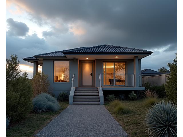Australian home with visible storm resilience features like reinforced windows and elevated foundation, set against a stormy but resilient landscape