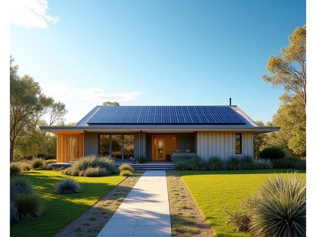 Modern eco-friendly home with solar panels and lush green landscaping under a bright Australian sky