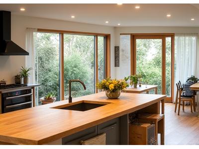 Modern, sustainably renovated Australian kitchen with natural light and eco-friendly materials