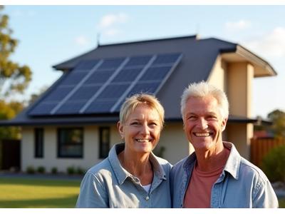 Smiling Australian couple standing in front of their solar-powered home
