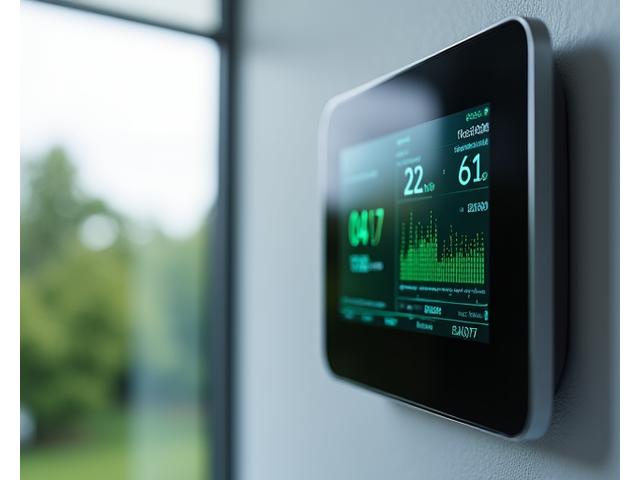 Close-up of a modern smart home energy control panel displaying graphs and data, with solar panels visible through a window