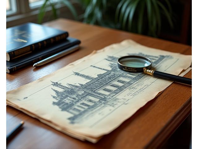Close-up of historical architectural blueprints and regulatory documents, symbolizing complex heritage compliance