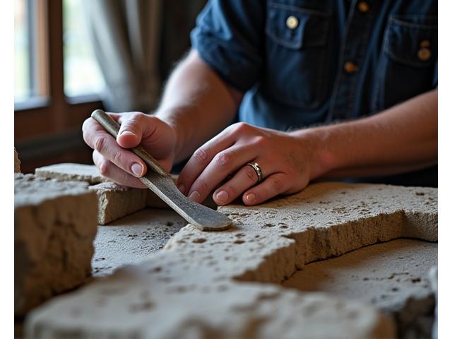 Skilled craftsman carefully working on a stone wall, typical of heritage building restoration
