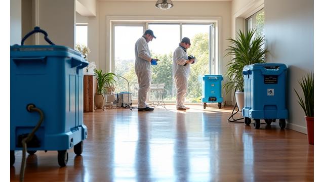 Image of a home undergoing flood damage cleanup and restoration, with a focus on professional assistance.