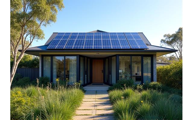 A sleek residential home in Australia featuring solar panels on its roof and surrounded by lush, sustainable landscaping, showcasing environmental consciousness.