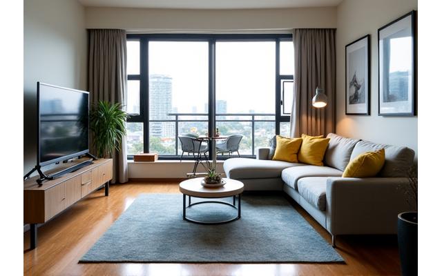 A modern, tastefully decorated short-term rental apartment in an Australian city, with a welcome mat, symbolizing hospitality and investment properties.
