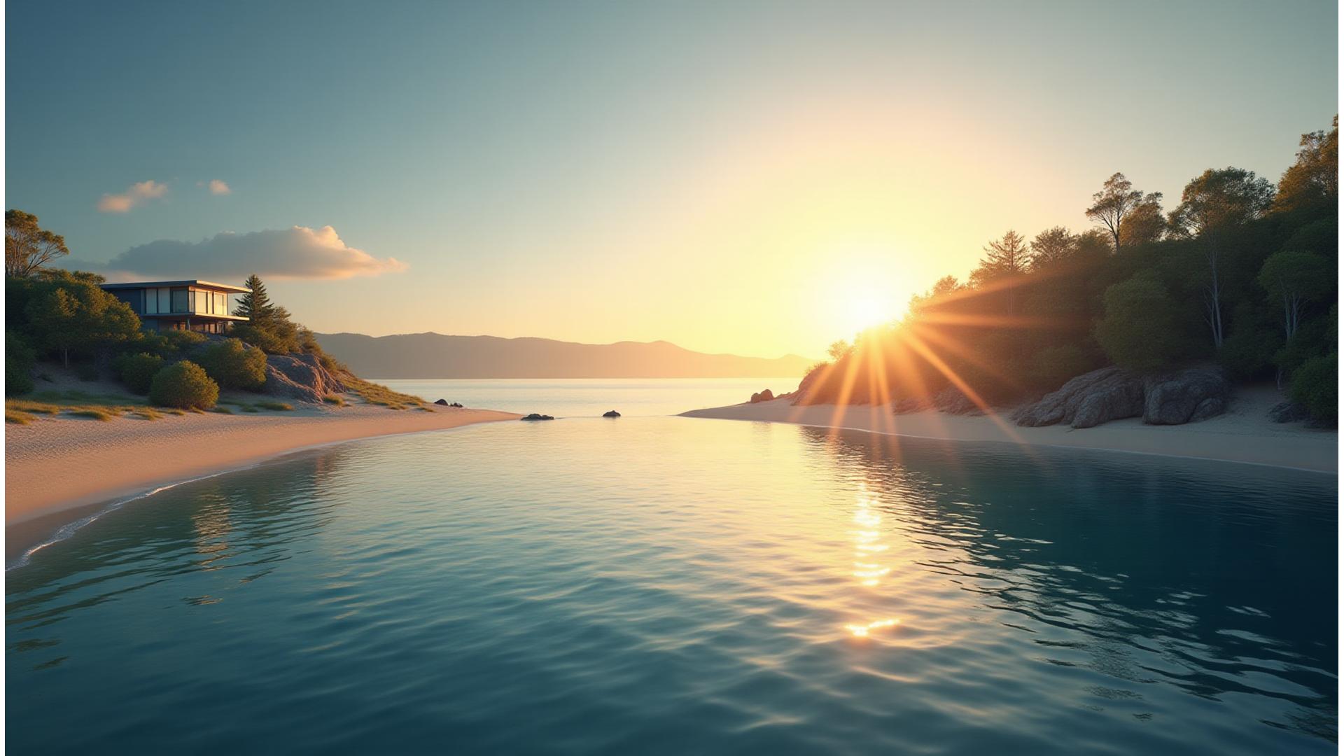Panoramic view of a serene Australian coastline at sunrise with calm waters and a lone, elegant home nestled amongst lush greenery, symbolizing protection and peace.