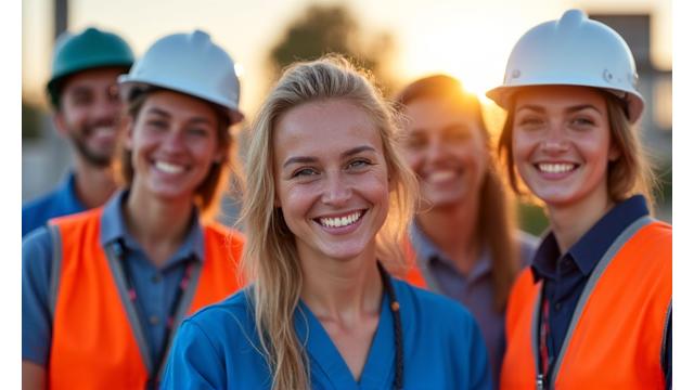 Group of diverse essential workers, including a nurse, teacher, and construction worker, smiling and looking secure