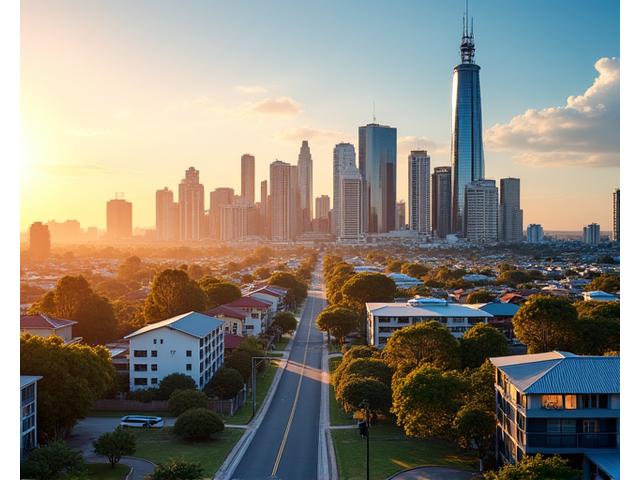 Diverse Australian property portfolio, from bustling city commercial buildings to suburban rental homes, all looking well-maintained under a clear blue sky.