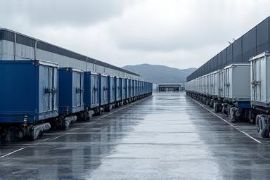 Large industrial warehouse with loading docks and trucks, representing industrial properties.