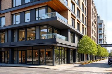Architectural shot of a building combining ground-floor retail with residential units above, representing mixed-use property.