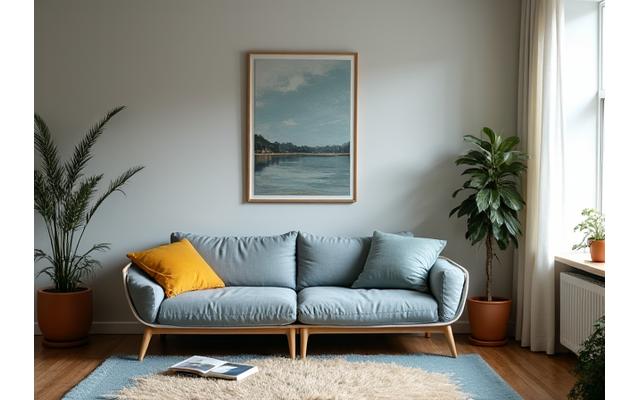 Dislodged painting and scattered cushions in a living room, representing contents replacement and deep cleaning.