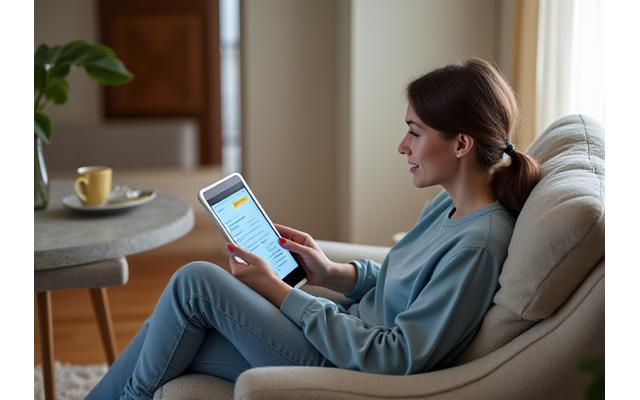 Host reading educational material on a tablet, with a cozy lounge background, signifying learning and development.