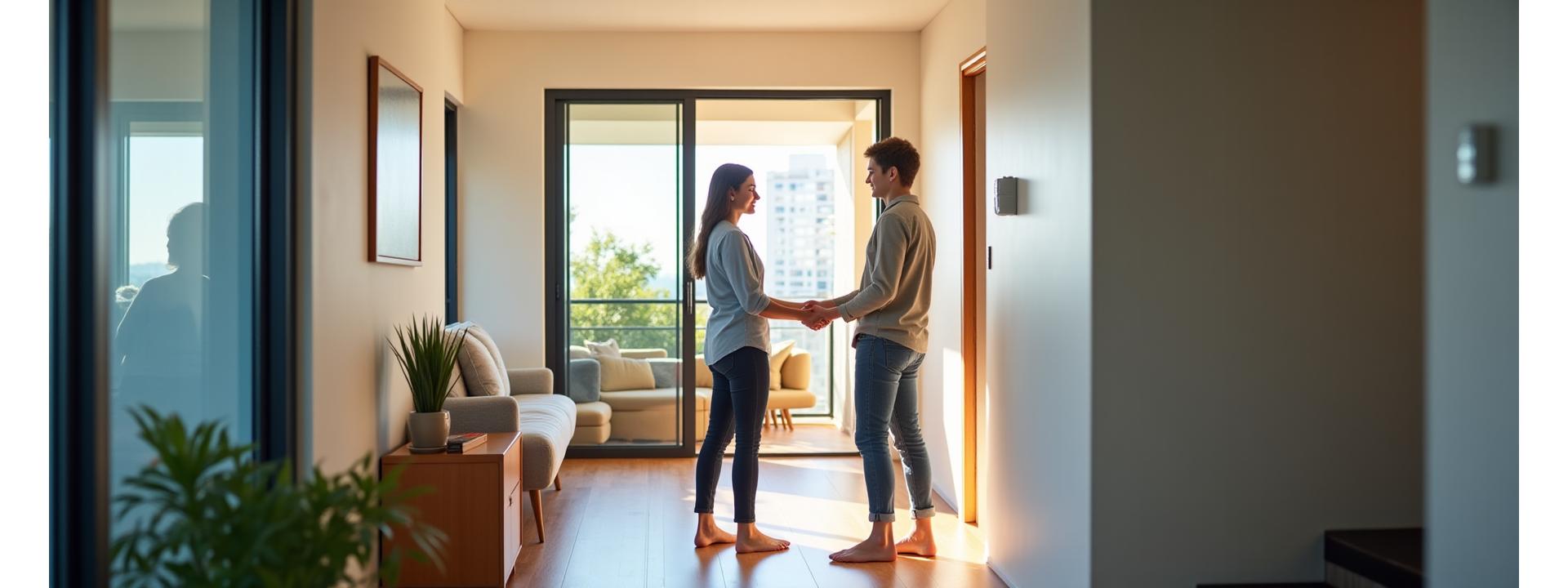 Modern, inviting short-term rental property with smiling host greeting guests, signifying security and peace of mind.